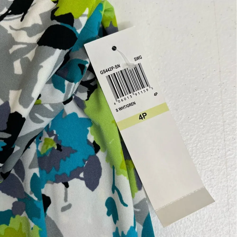 NWT Maggy L Petite White Green Abstract Floral Print Sleeveless Dress Women 4P